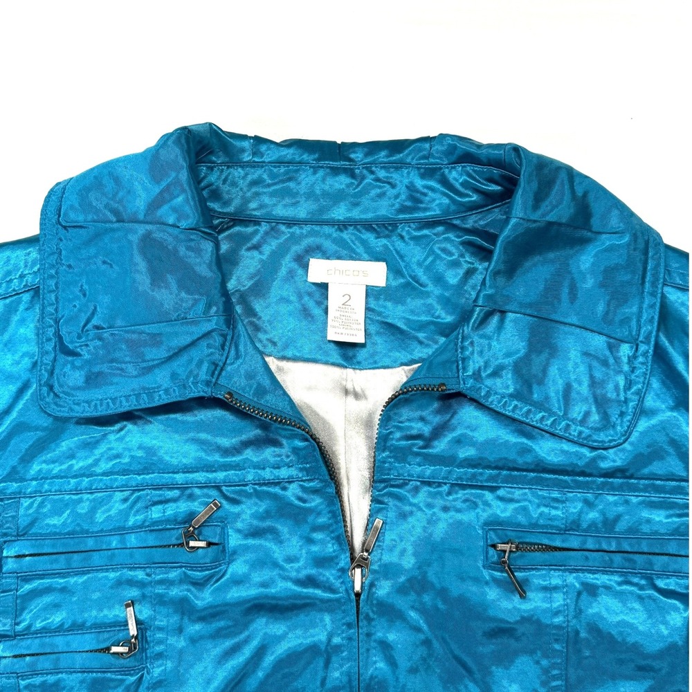 Chico's Jacket Women's Large Teal Blue Shimmer Zipper Front Collared Classic‎